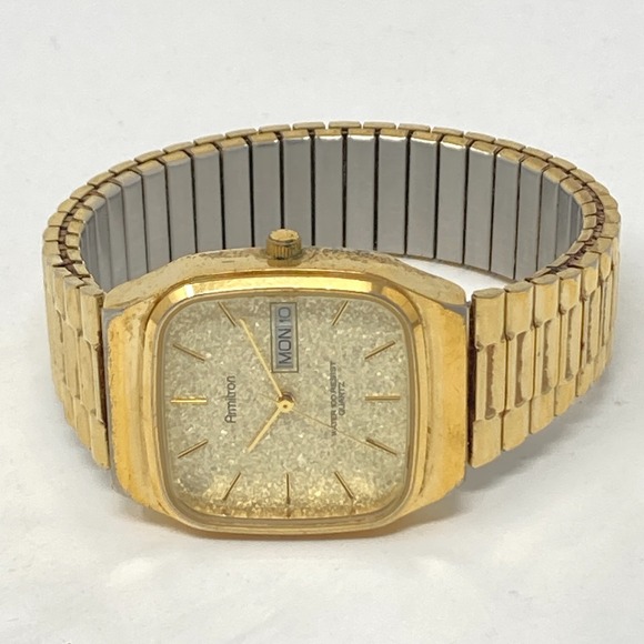 Vtg Armitron Watch Men 30mm Gold Tone Day Date Glitter Stretch Band New Battery - Picture 14 of 15